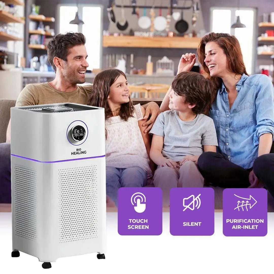 Hospital-Grade HEPA 13 air purifier and humidifier in white with a perforated body, digital display and wheels