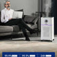 Hospital-Grade HEPA 13 air purifier and humidifier in white with a perforated front, purple accent, and digital display