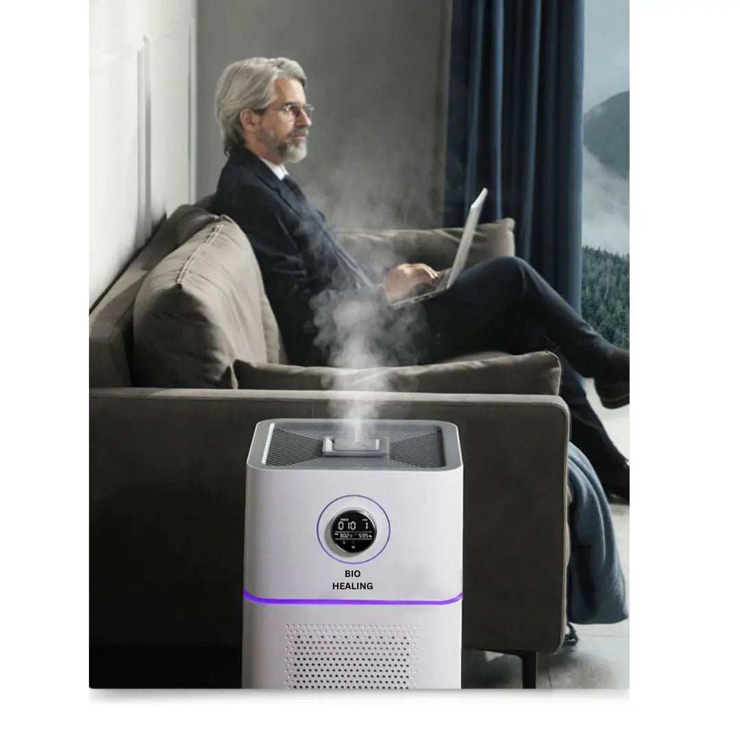 Hospital-Grade HEPA 13 air purifier and humidifier in white with a black display and purple accent, releasing mist