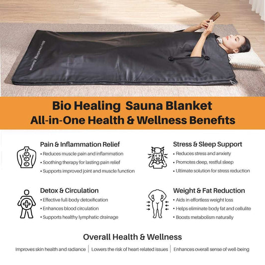 Infrared sauna blanket with black PU leather exterior, smooth solid finish and full-length wraparound design; Infrared Sauna Blanket-Bio Healing