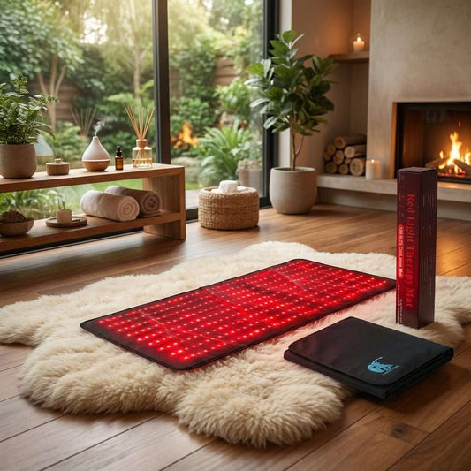 Large Red Light Therapy Mat for Full Body Infrared Relief, black flexible pad glowing with rows of red LEDs