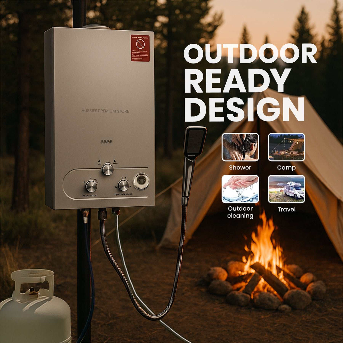 LPG Gas Tankless Water Heater with a beige metal casing, three rotary controls, connected hose, showerhead and gas cylinder