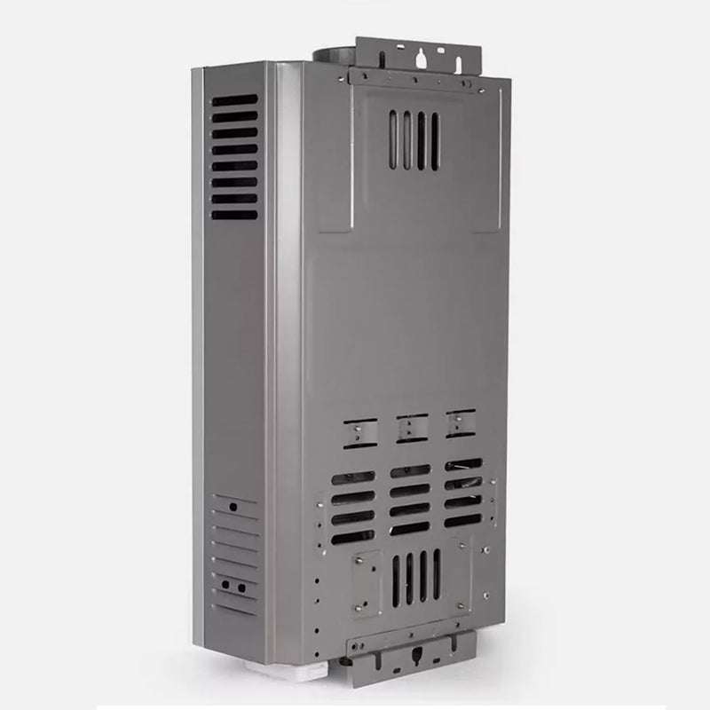LPG Gas Tankless Water Heater in a tall gray metal housing with ventilation slots, three control knobs and mounting brackets