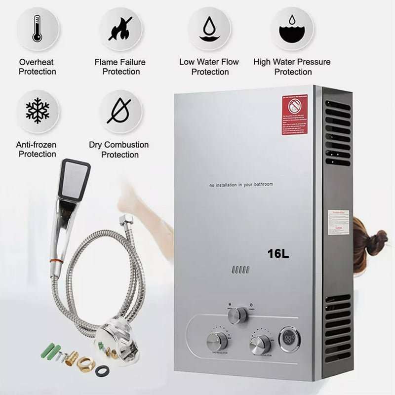 LPG Gas Tankless Water Heater, silver metal 16L unit with rotary controls, digital display, and shower hose