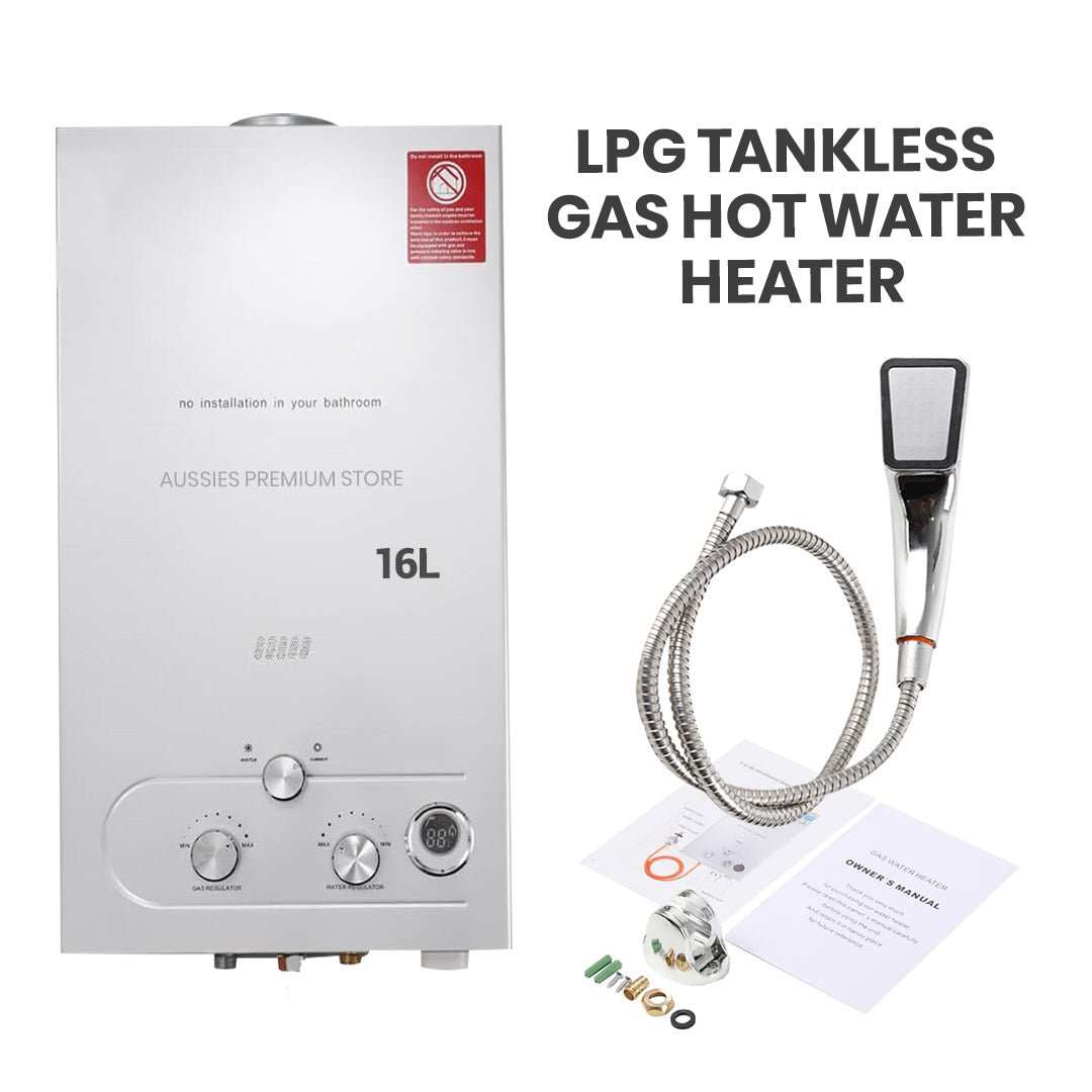 LPG Gas Tankless Water Heater with silver metal casing, 16L marking, digital display, three control knobs, shower hose and head