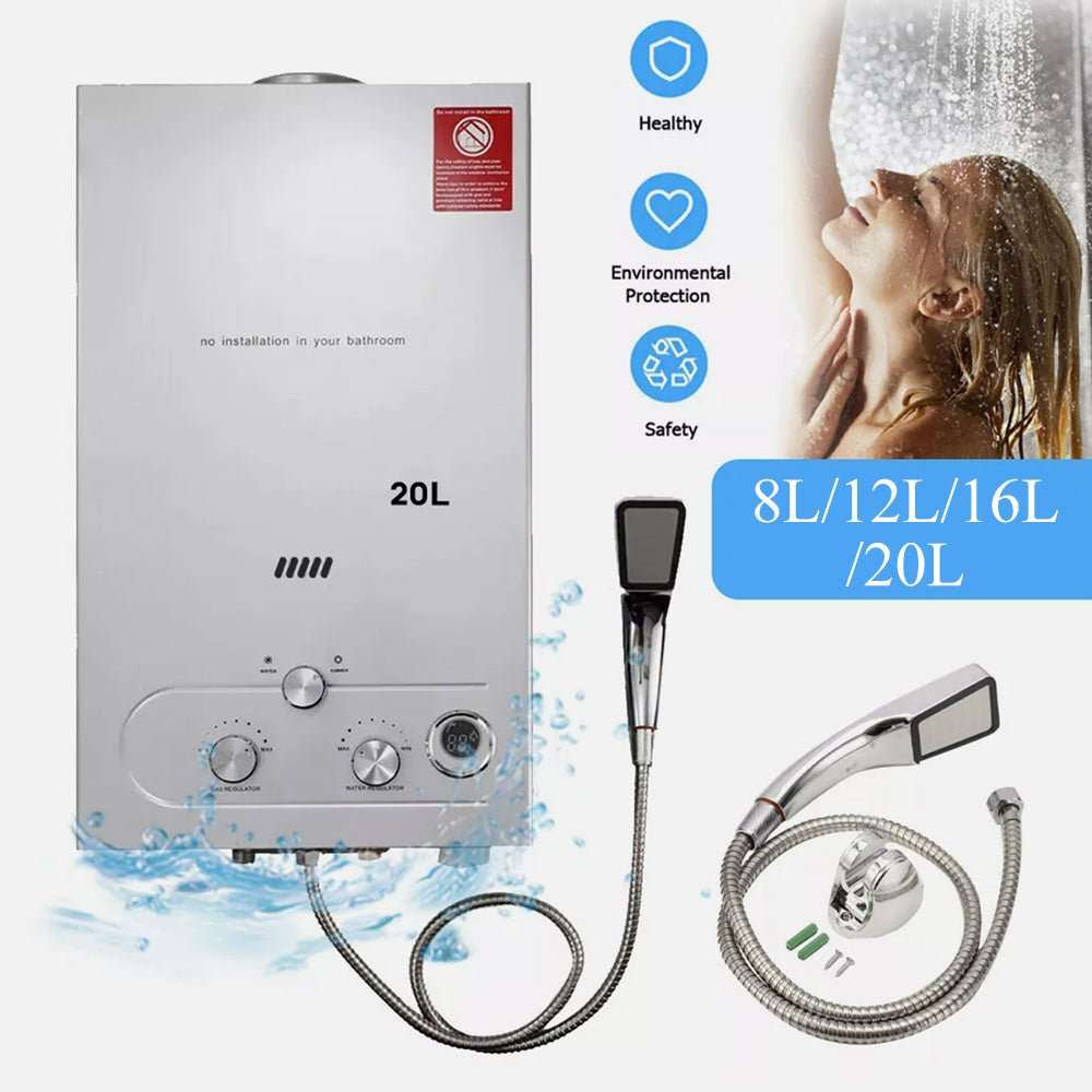 LPG Gas Tankless Water Heater in silver metal with a 20L label, three control knobs, digital display and shower hose