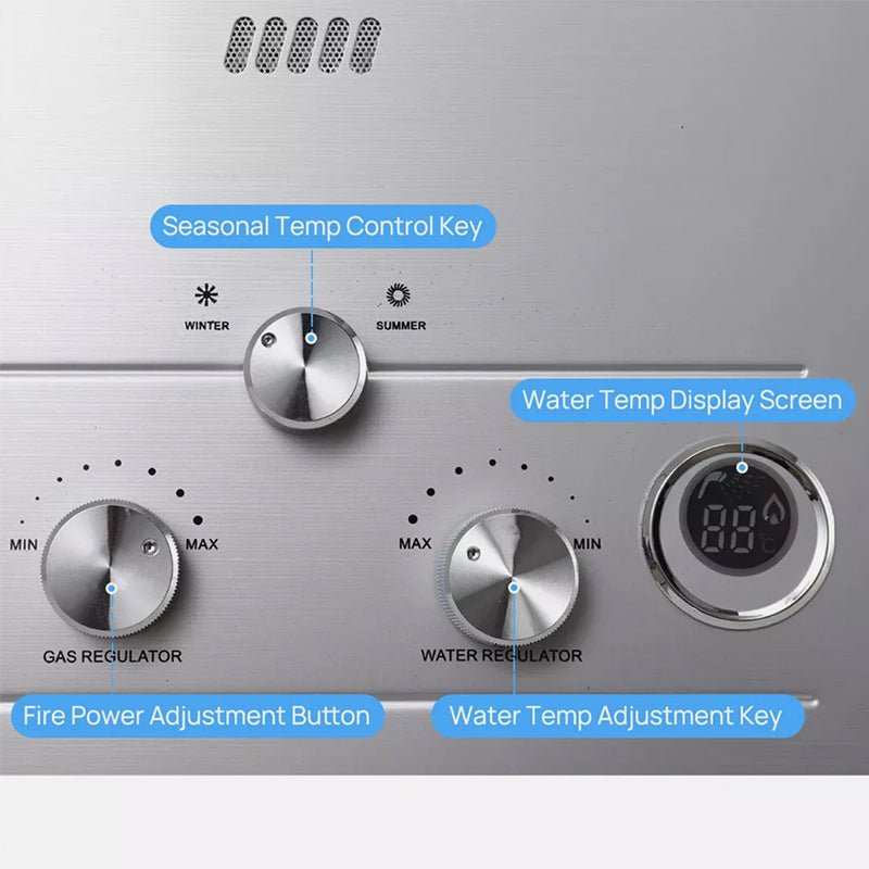 LPG Gas Tankless Water Heater with brushed silver metal panel, seasonal control dial, two adjustment knobs and digital display