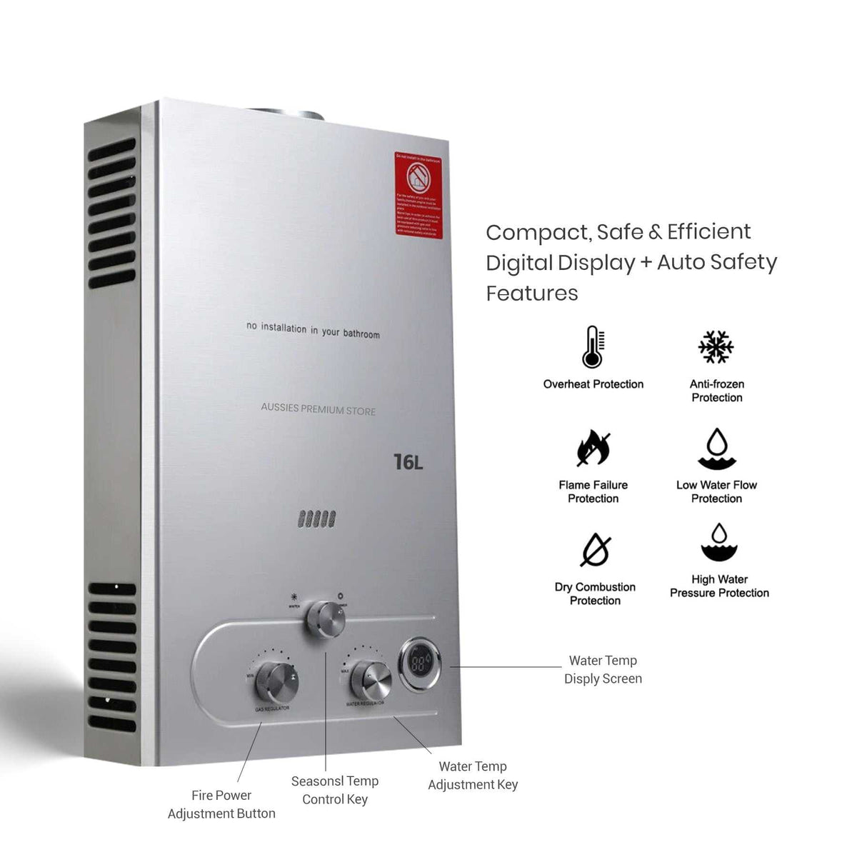 LPG Gas Tankless Water Heater with a silver metal casing, side vents, digital display and three control knobs