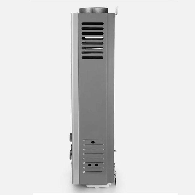 LPG Gas Tankless Water Heater with a tall, slim silver metal casing, top exhaust vent and lower ventilation slots