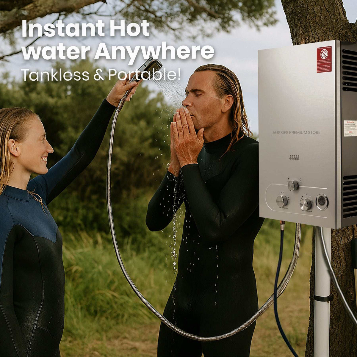 LPG Gas Tankless Water Heater with a silver metal housing, digital display and three control knobs beside an outdoor shower