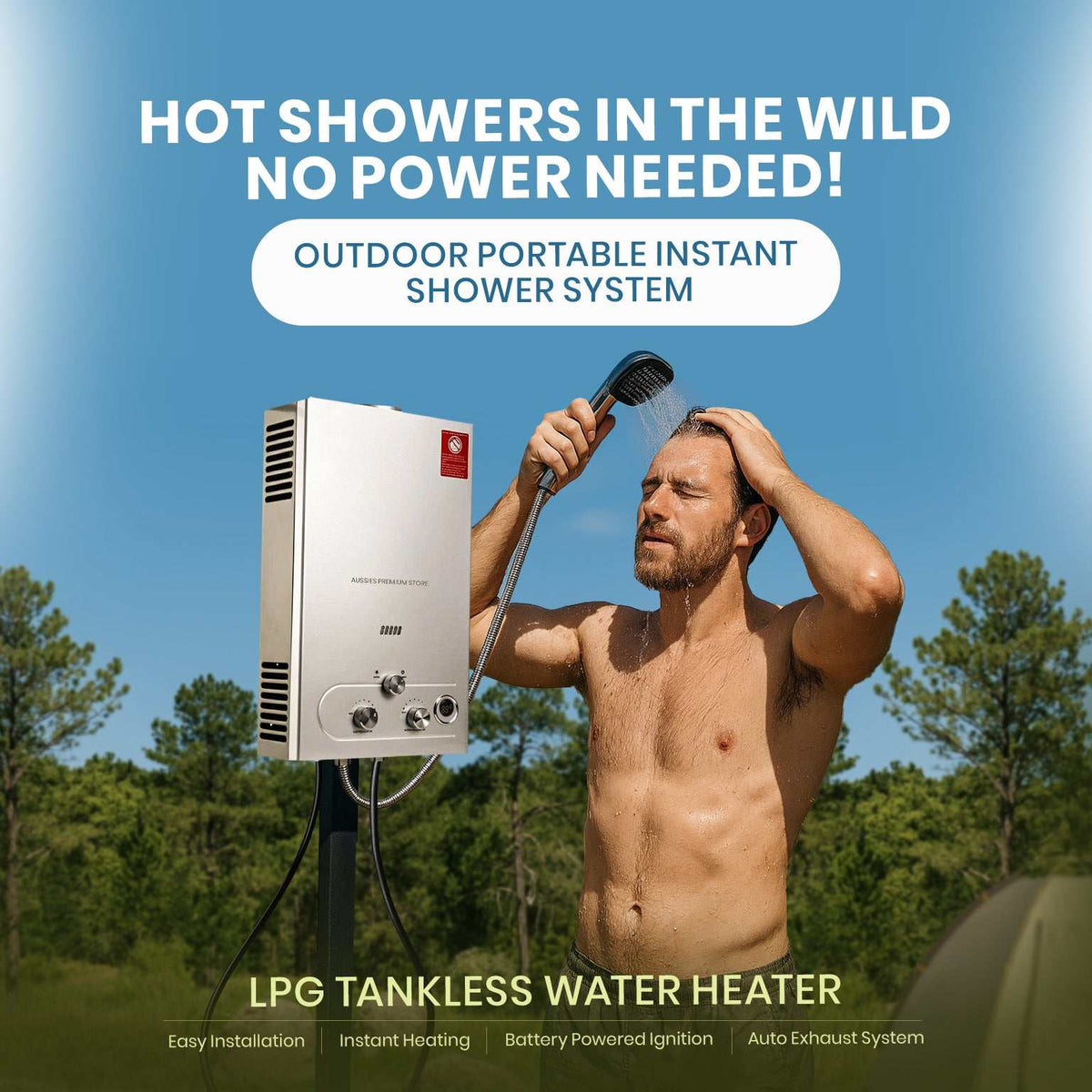 LPG Gas Tankless Water Heater with silver metal casing, rotary controls and black shower hose shown beside a man showering outdoors