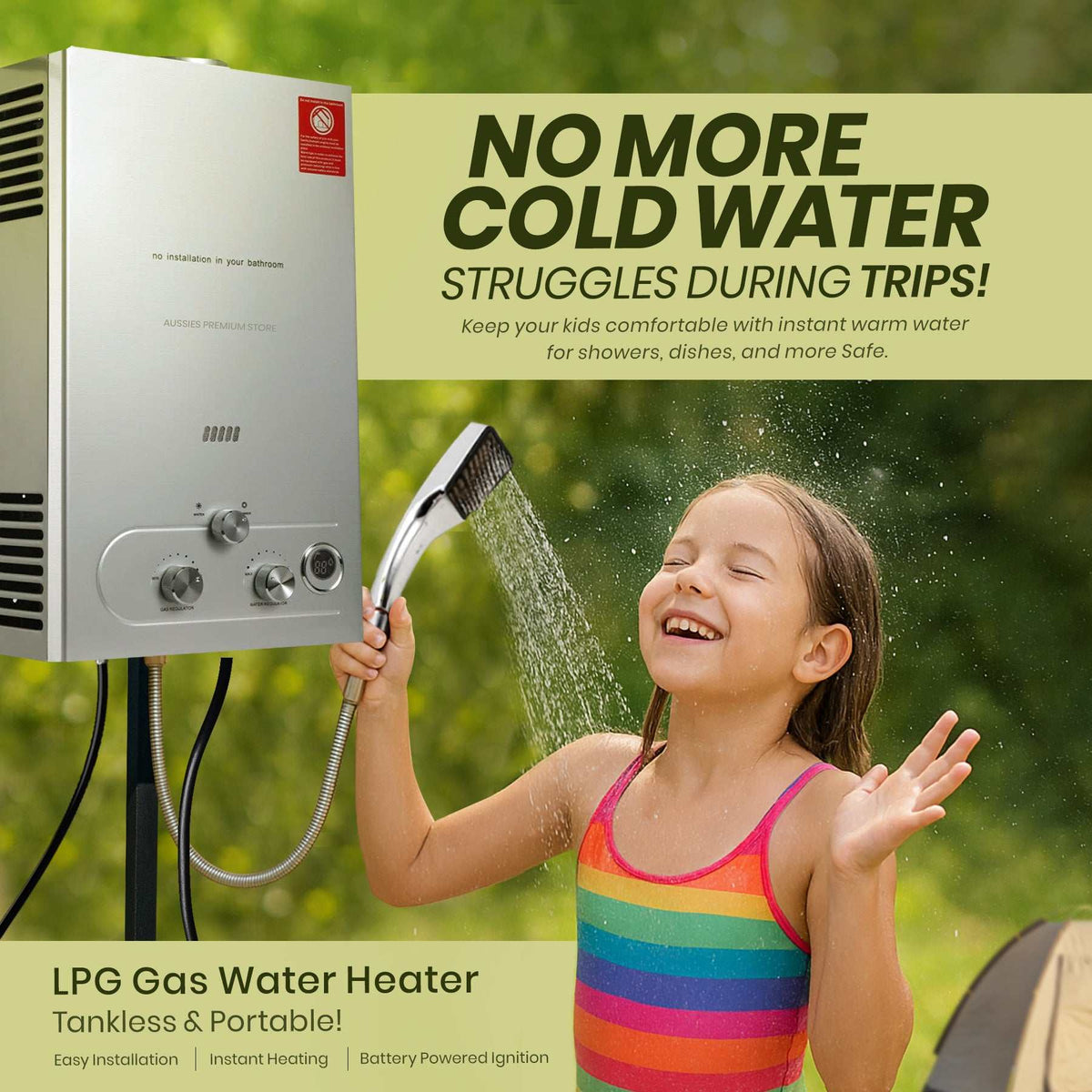 LPG Gas Tankless Water Heater with a silver metal case, three rotary controls, LED panel and attached shower hose