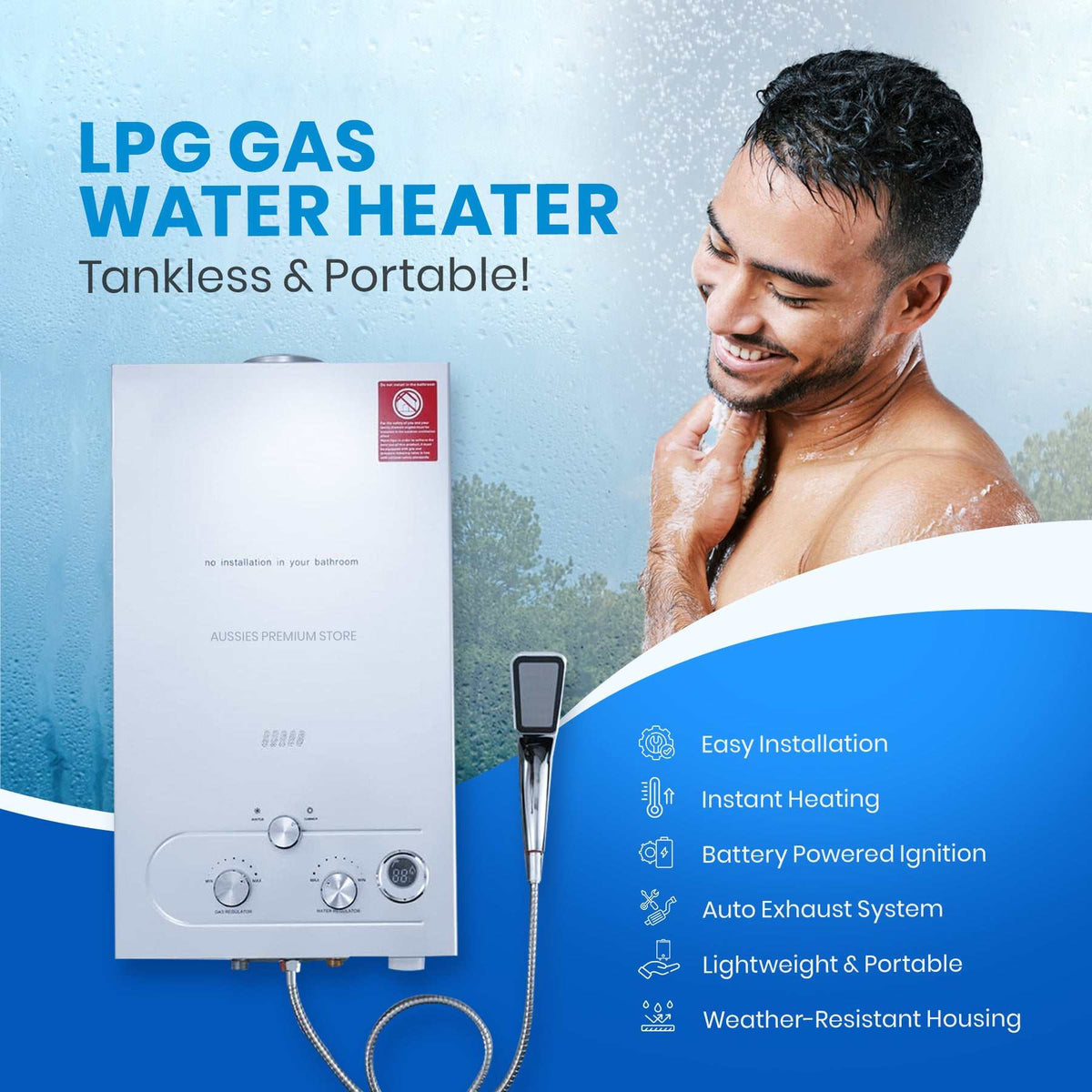 LPG Gas Tankless Water Heater with a silver metal body, three rotary controls, digital display, and attached shower hose