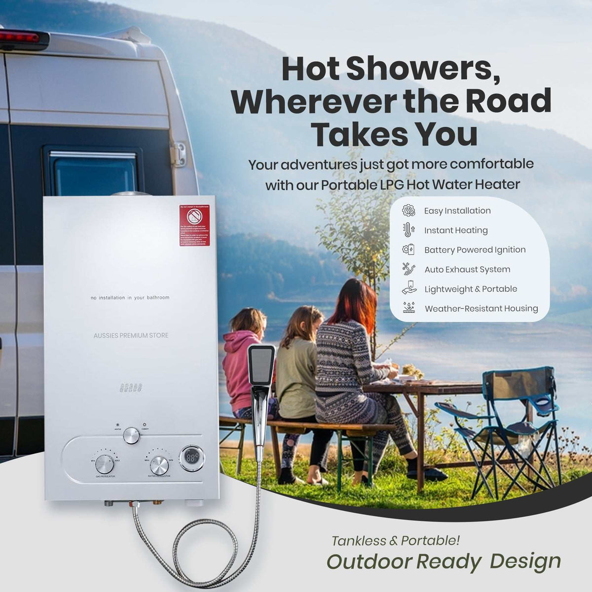 LPG Gas Tankless Water Heater, white metal unit with digital display and three control knobs, shown with shower hose