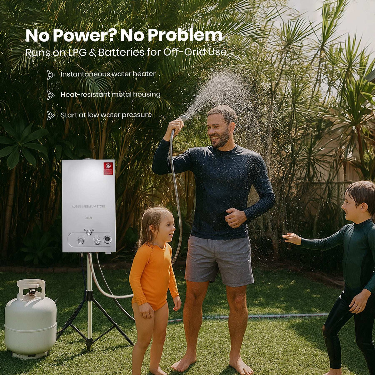 LPG Gas Tankless Water Heater in a white metal casing with control knobs, connected to a propane cylinder and shower hose