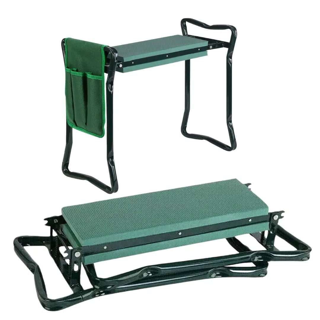 Multipurpose Garden Kneeler With Pockets, with a green textured cushion, black steel folding frame and side tool pouch.