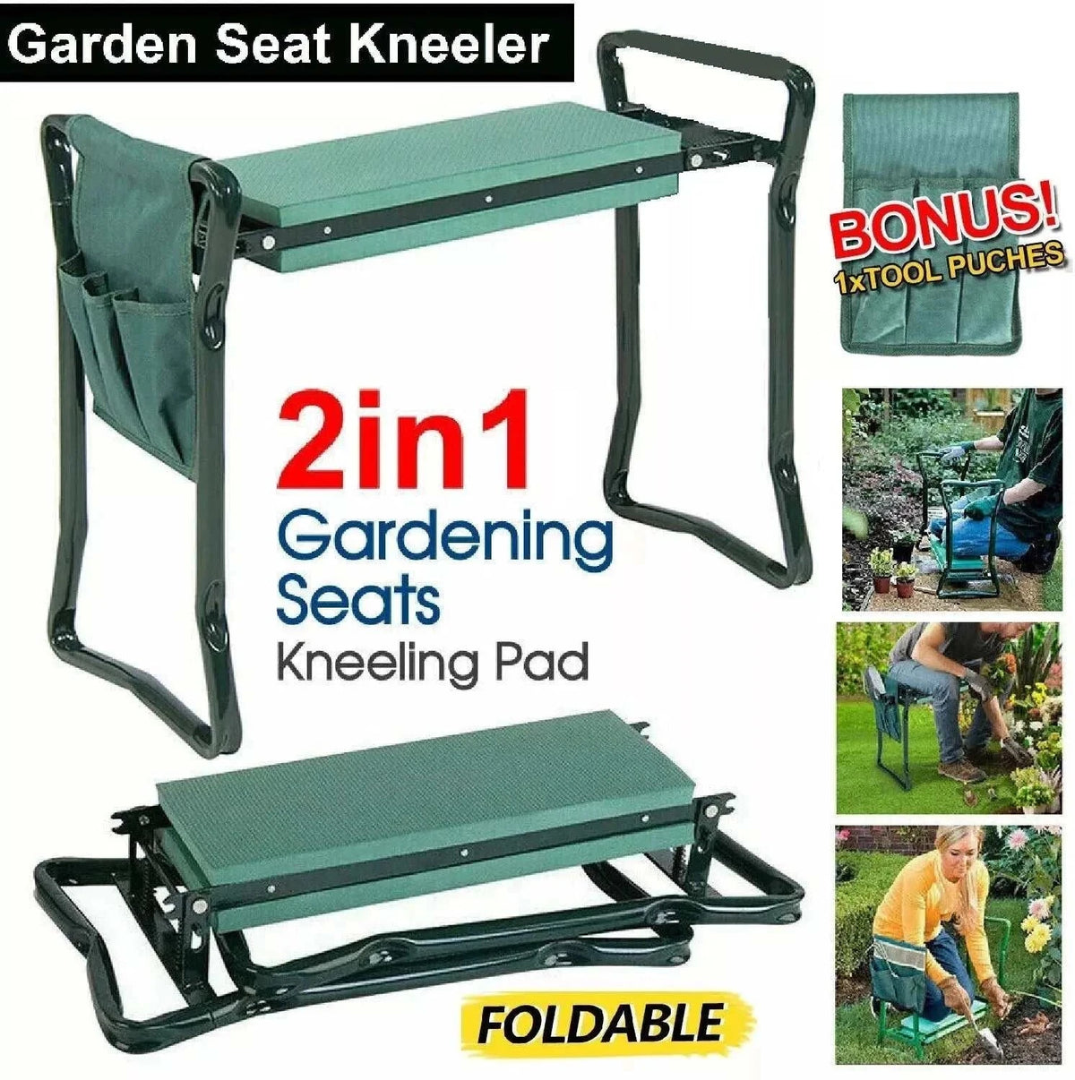 Multipurpose Garden Kneeler With Pockets in green fabric and a black steel folding frame, converting from kneeler to seat