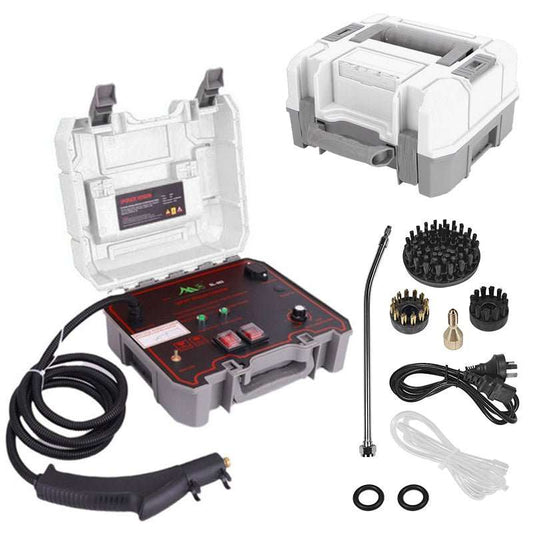 Portable High-Pressure Steamer in a gray hard case with black steam hose, wand, brushes, nozzle, and accessories