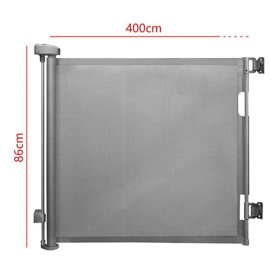 Retractable Safety Gate for Baby & Dog in grey mesh with a metal frame, extending up to 400 cm wide and 86 cm high.