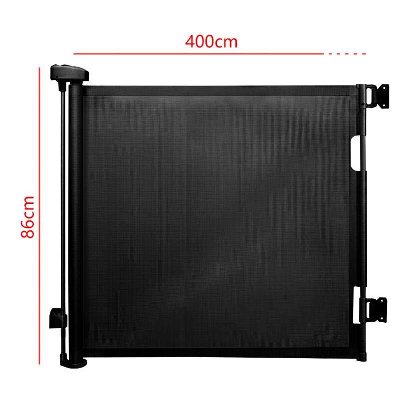 Retractable Safety Gate for Baby & Dog in black mesh with a sturdy frame, shown extended to 400 cm wide and 86 cm high