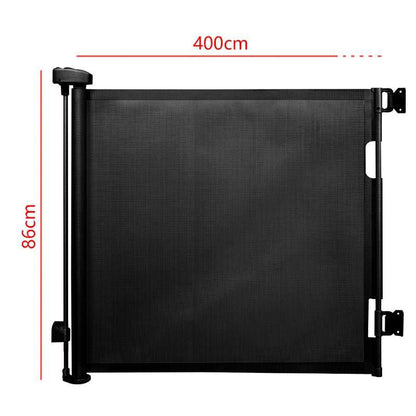Retractable Safety Gate for Baby & Dog in black mesh with a sturdy frame, shown extended to 400 cm wide and 86 cm high