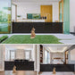 Retractable Safety Gate for Baby & Dog, black mesh barrier shown across wide doorways with a dog nearby