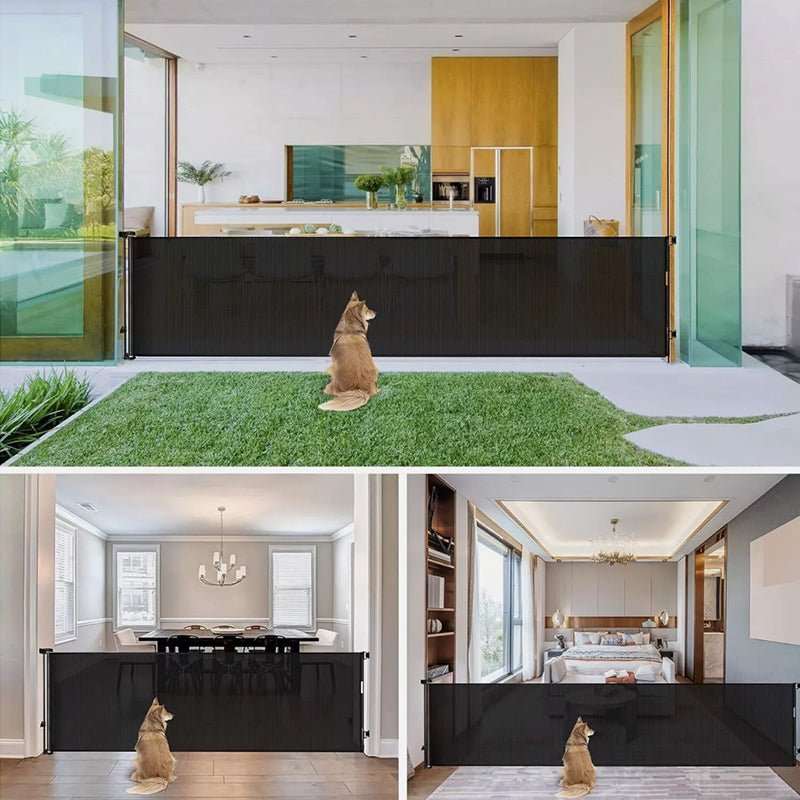 Retractable Safety Gate for Baby & Dog, black mesh barrier shown across wide doorways with a dog nearby