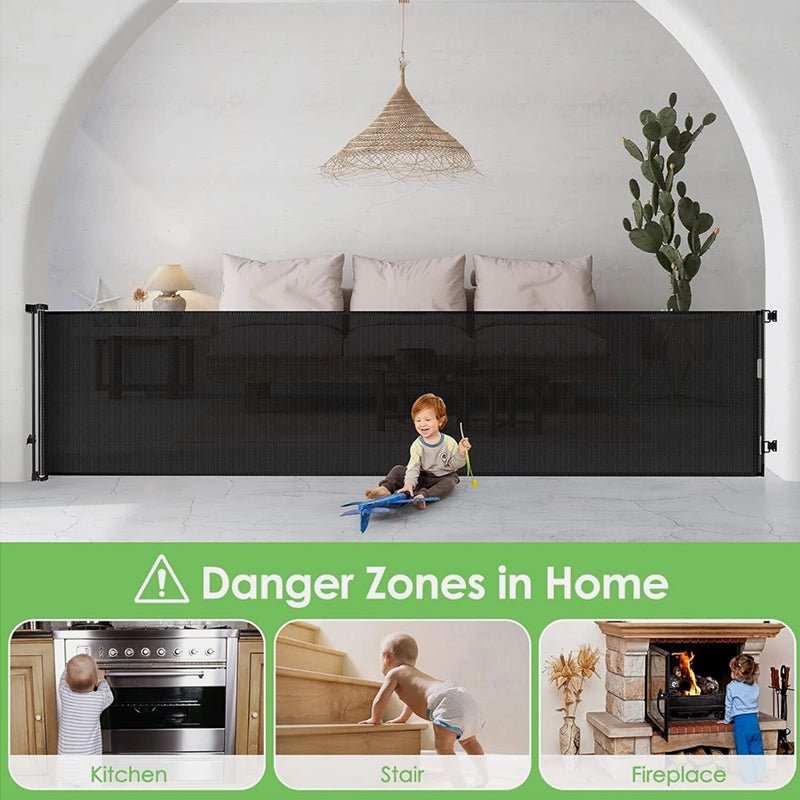 Retractable Safety Gate for Baby & Dog with wide black mesh panel, shown stretched across an opening with side mounts