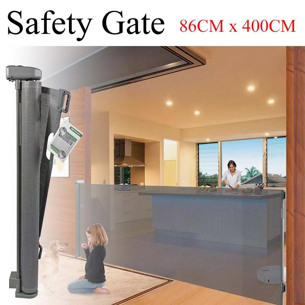 Retractable Safety Gate for Baby & Dog in charcoal gray mesh, stretched across a wide opening with a slim roll-up housing