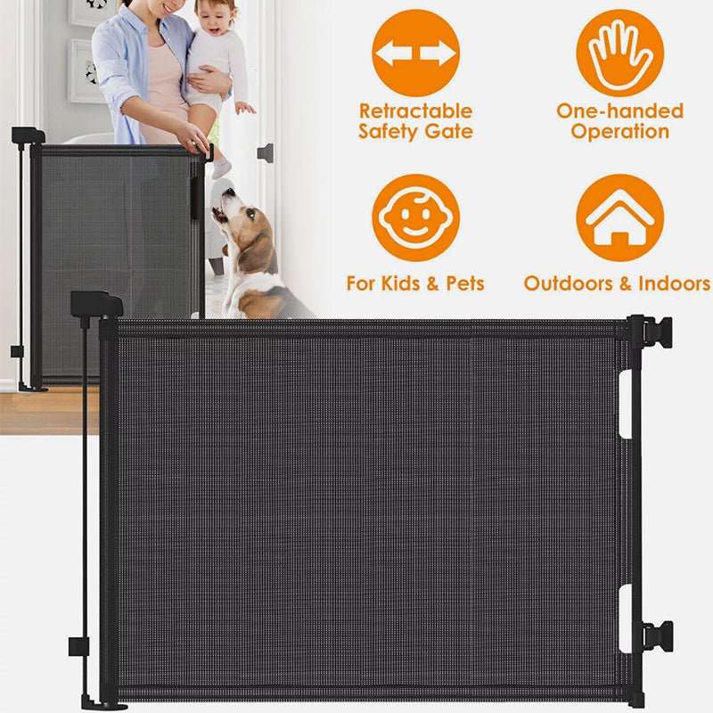 Retractable Safety Gate for Baby & Dog with charcoal mesh, black side mounts and an extra-wide retractable design