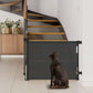 Retractable Safety Gate for Baby & Dog with dark gray mesh fabric, black frame and side pull handle across stairs