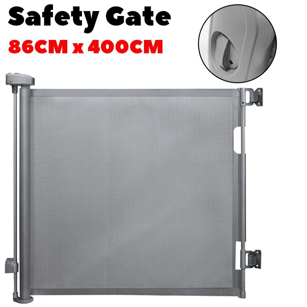 Retractable Safety Gate for Baby & Dog with gray mesh fabric, sturdy side frame, and compact wall-mounted roller