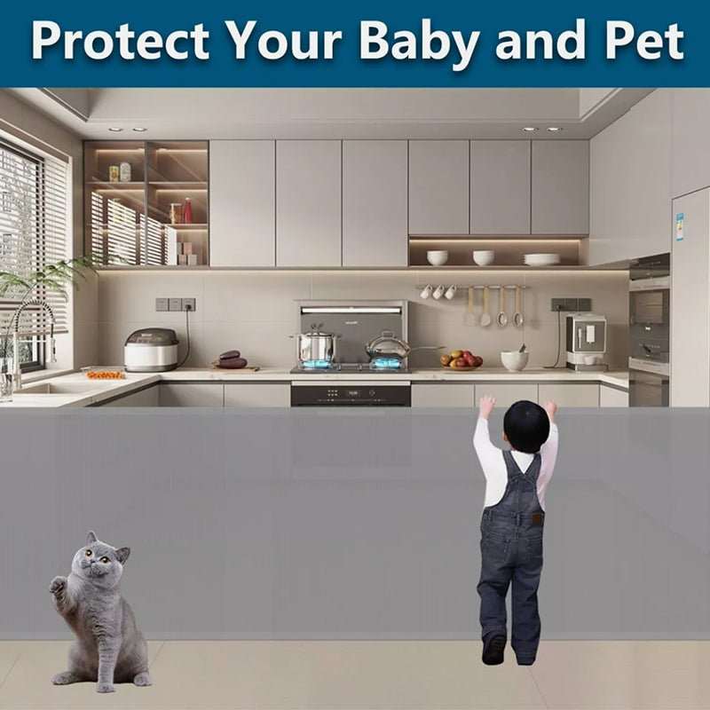 Retractable Safety Gate for Baby & Dog in gray mesh spans a kitchen opening, with a child and cat beside it