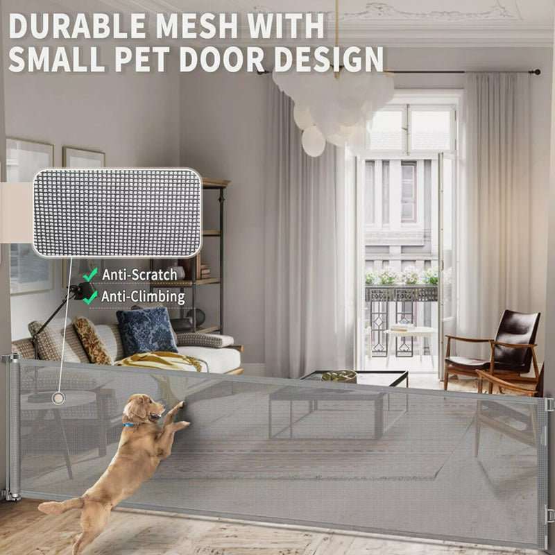Retractable Safety Gate for Baby & Dog with gray mesh, a small pet door and sturdy posts across a living room opening