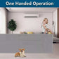 Retractable Safety Gate for Baby & Dog with gray mesh fabric stretched across a wide opening, shown with a baby and dog