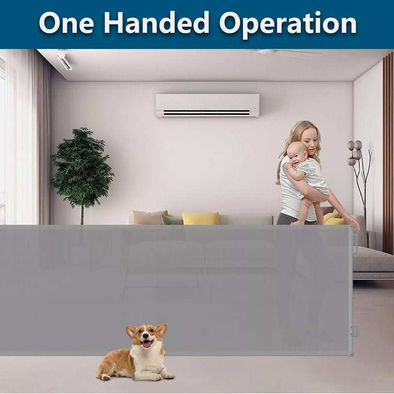 Retractable Safety Gate for Baby & Dog with gray mesh fabric stretched across a wide opening, shown with a baby and dog