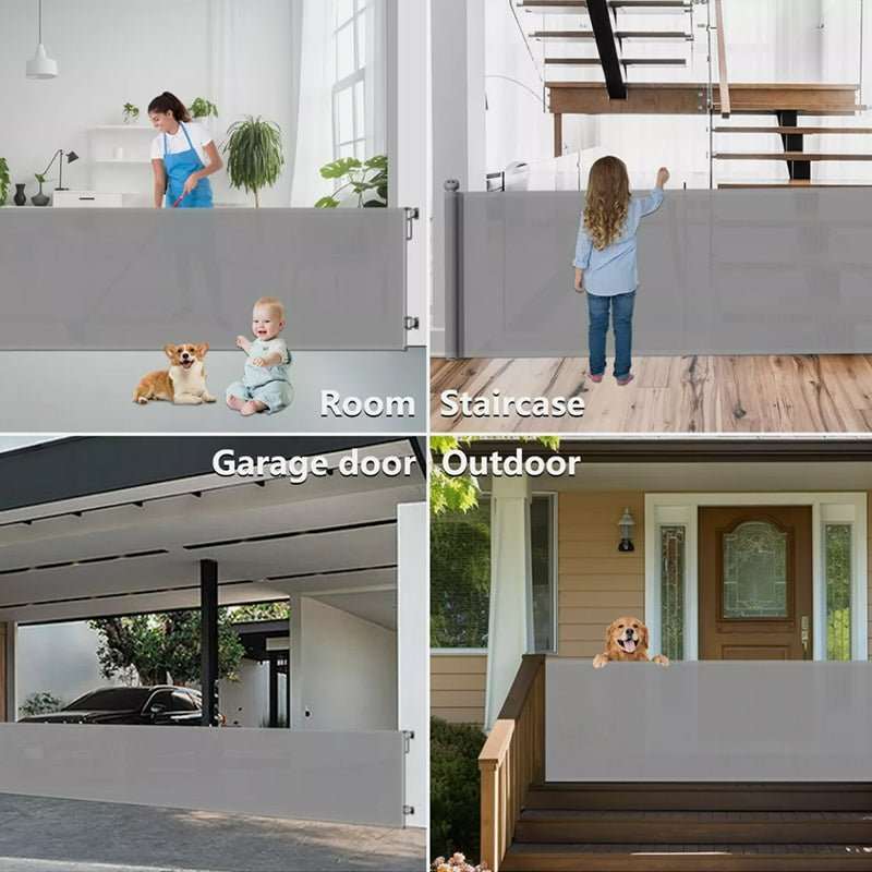 Retractable Safety Gate for Baby & Dog shown as a wide gray mesh barrier across a room, staircase, garage, and porch
