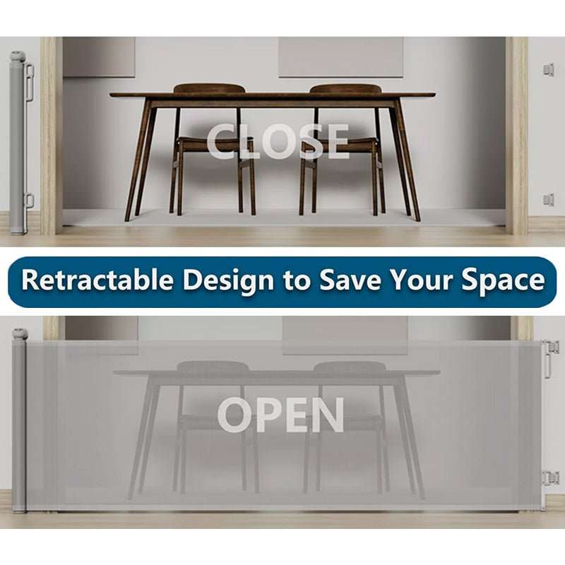 Retractable Safety Gate for Baby & Dog with gray mesh, shown closed and extended open across a wide doorway