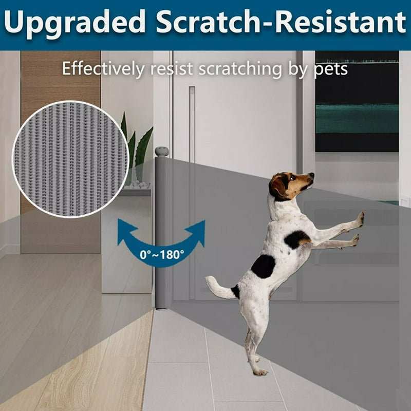 Retractable Safety Gate for Baby & Dog with gray scratch-resistant mesh, shown spanning a doorway beside a jumping dog