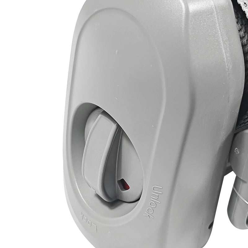 Retractable Safety Gate for Baby & Dog with a light grey plastic housing, release button and black mesh edge.