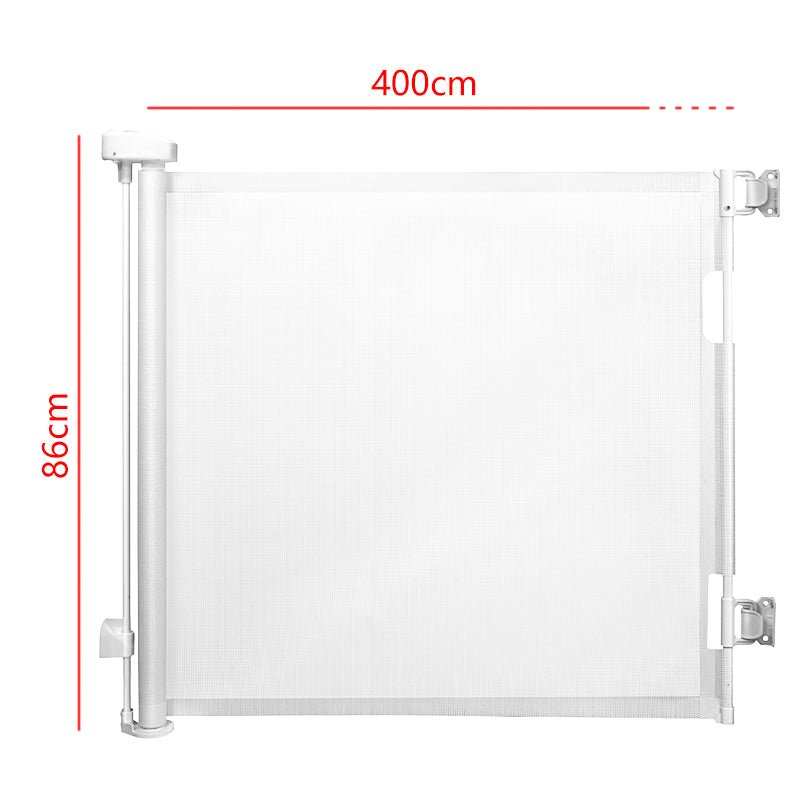 Retractable Safety Gate for Baby & Dog in white mesh with a slim frame, shown extended to 400 cm wide and 86 cm high