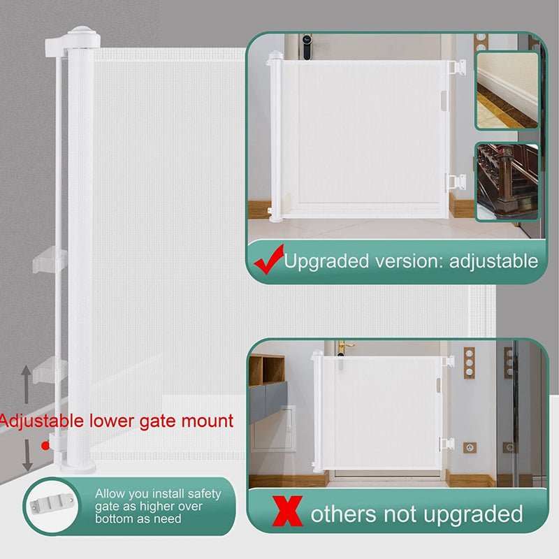 Retractable Safety Gate for Baby & Dog in white mesh with adjustable lower mount and sturdy side posts