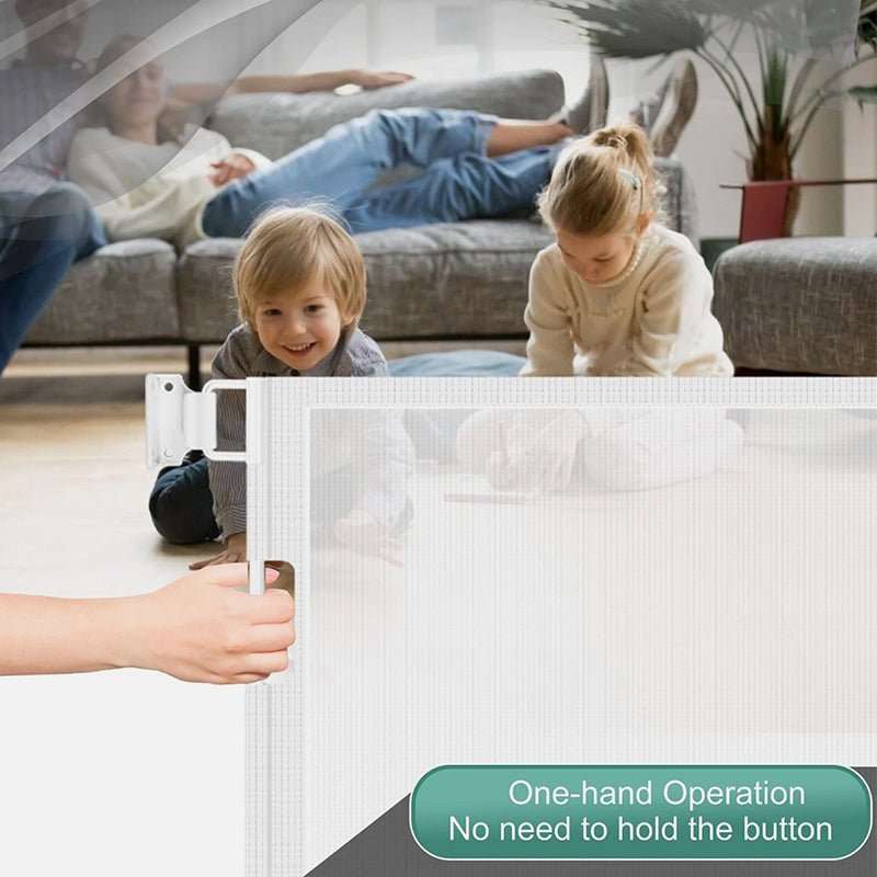 Retractable Safety Gate for Baby & Dog in white mesh with a sturdy frame, spanning a room as children play nearby