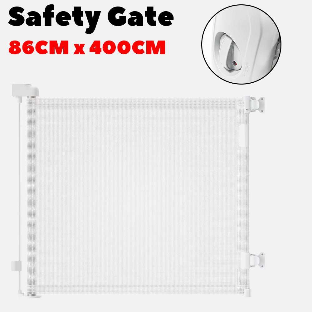 Retractable Safety Gate for Baby & Dog in white mesh with slim vertical weave, 86 cm high and 400 cm wide