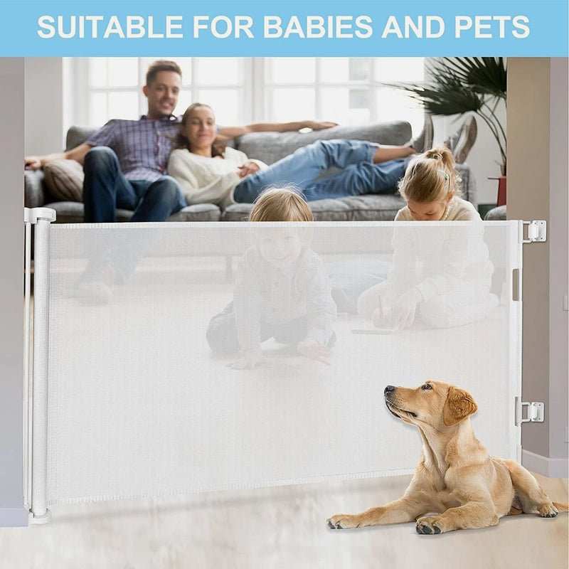 Retractable Safety Gate for Baby & Dog in white mesh with slim side housing, spanning a wide opening to contain children and a dog