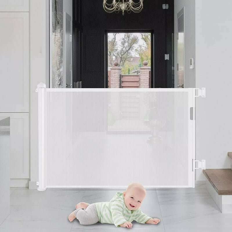 Retractable Safety Gate for Baby & Dog, white mesh gate with a wide pull-across panel and sturdy side mounts