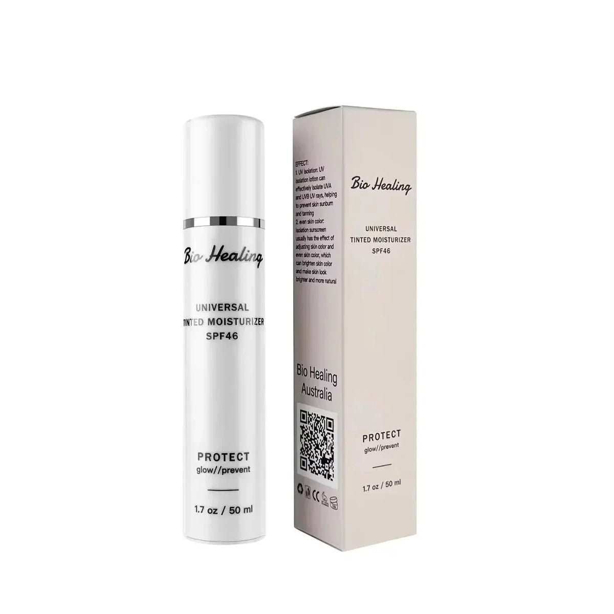 SPF46 Tinted Sunscreen in a white cylindrical bottle beside its matching beige Bio Healing box, labeled universal tinted moisturizer.