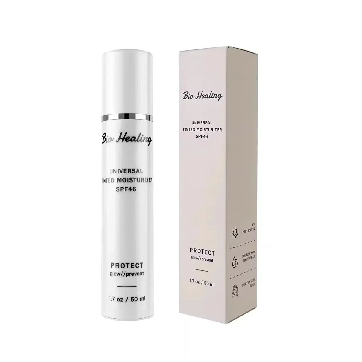 SPF46 Tinted Sunscreen in a white cylindrical pump bottle with matching pale beige carton and black product lettering