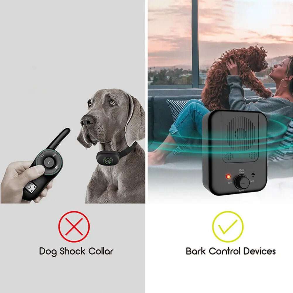 Anti-barking control device in black with a speaker grille and dial, shown calming a dog without a shock collar