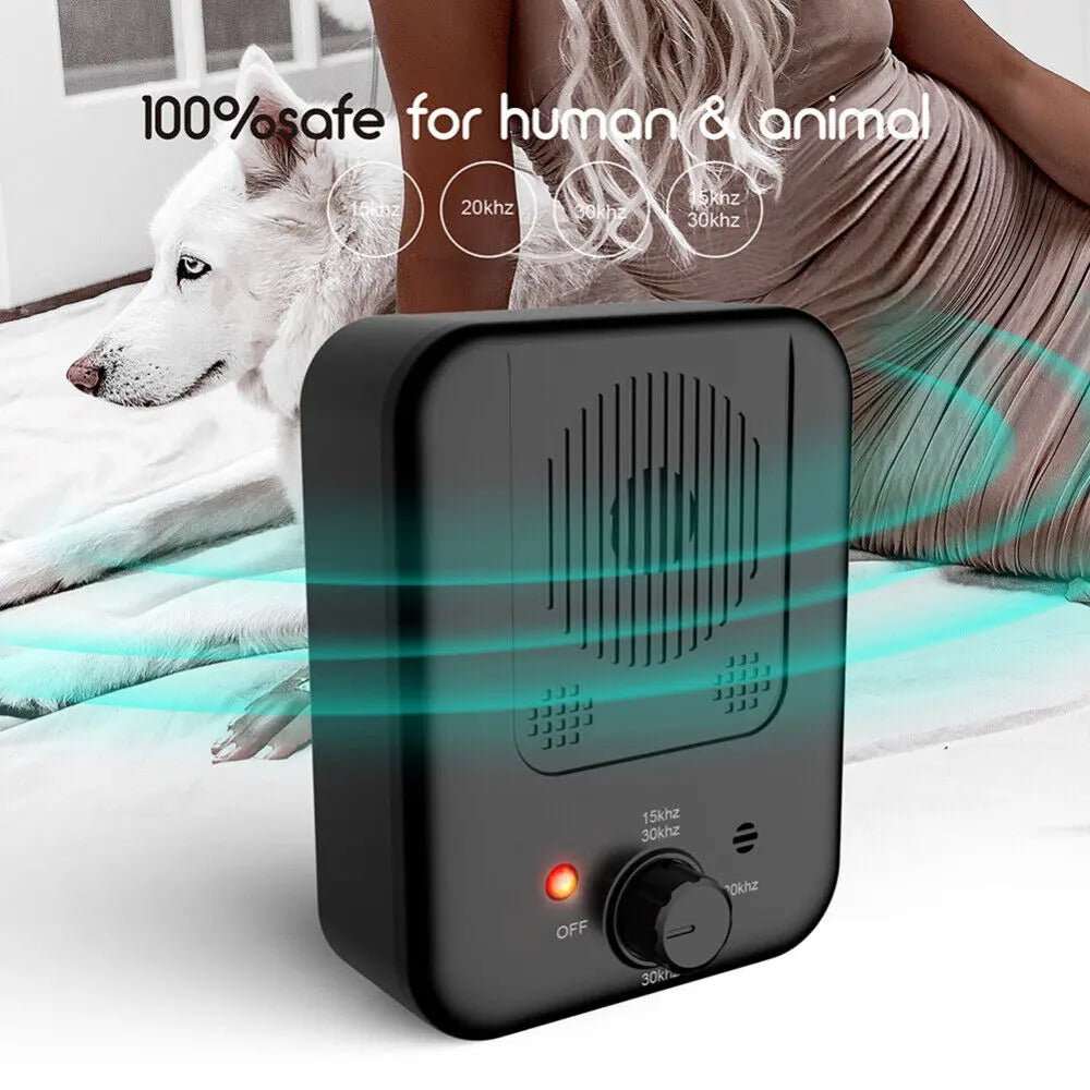 Anti Barking with Ultrasonic device in black plastic, with speaker grille, red indicator light and adjustable frequency dial